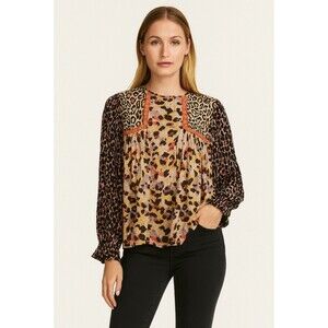 Bl^nk Anthropologie Joelle Leopard Peasant Blouse Boho Artsy Flowy READ Womens M